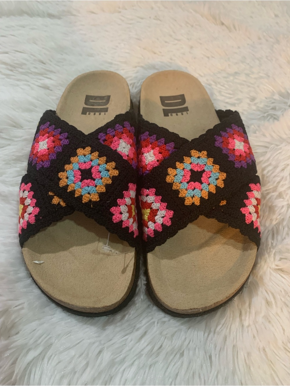 Crochet Crossband Slide Sandals in Black with Multicolor Accents